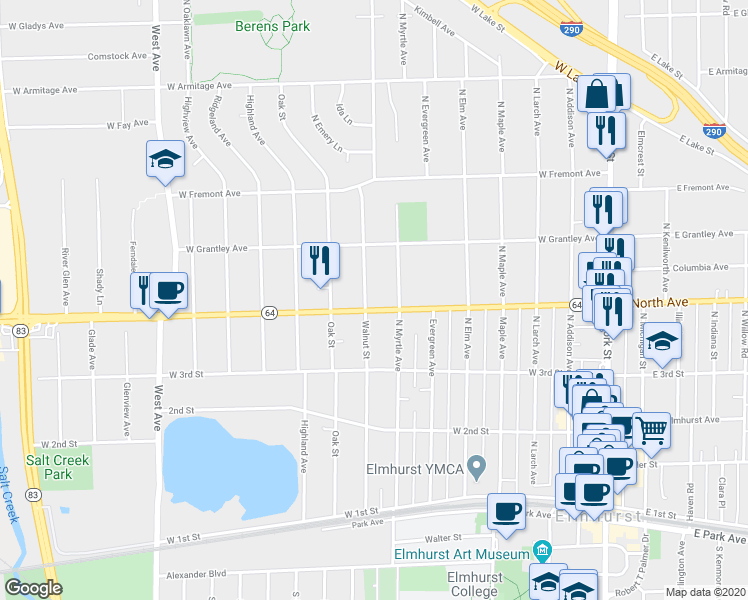map of restaurants, bars, coffee shops, grocery stores, and more near 315 West North Avenue in Elmhurst