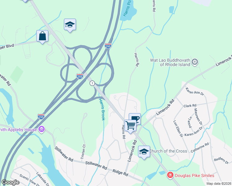 map of restaurants, bars, coffee shops, grocery stores, and more near Douglas Pike in Smithfield