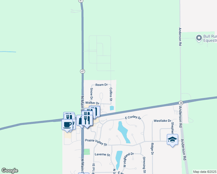 map of restaurants, bars, coffee shops, grocery stores, and more near 288 Ream Drive in Elburn