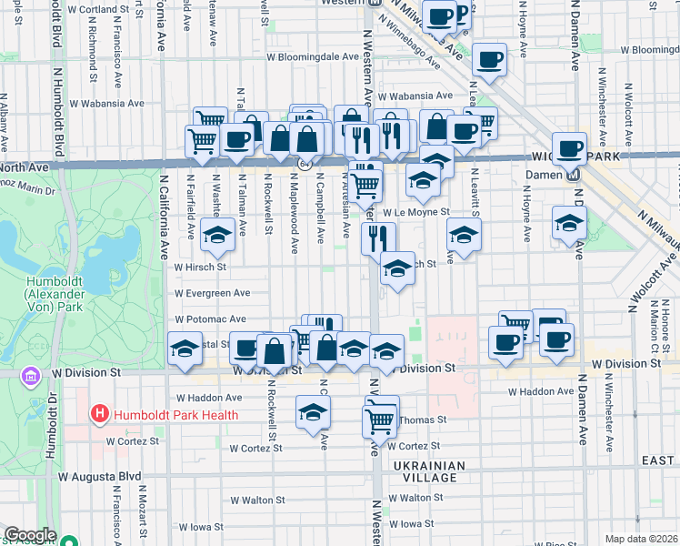 map of restaurants, bars, coffee shops, grocery stores, and more near 1408 North Artesian Avenue in Chicago