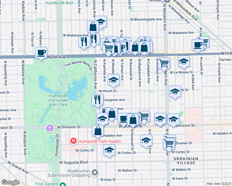 map of restaurants, bars, coffee shops, grocery stores, and more near 1410 North Washtenaw Avenue in Chicago