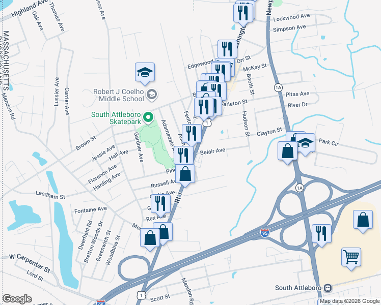 map of restaurants, bars, coffee shops, grocery stores, and more near 12 Fenton Avenue in Attleboro
