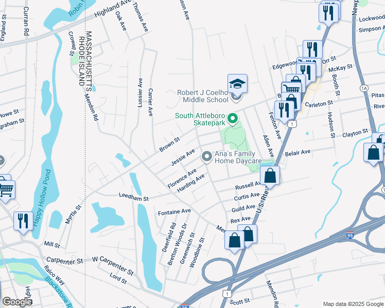 map of restaurants, bars, coffee shops, grocery stores, and more near 7375 Laurier Avenue in Attleboro