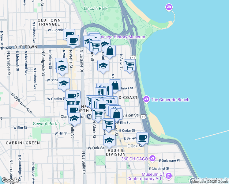 map of restaurants, bars, coffee shops, grocery stores, and more near in Chicago
