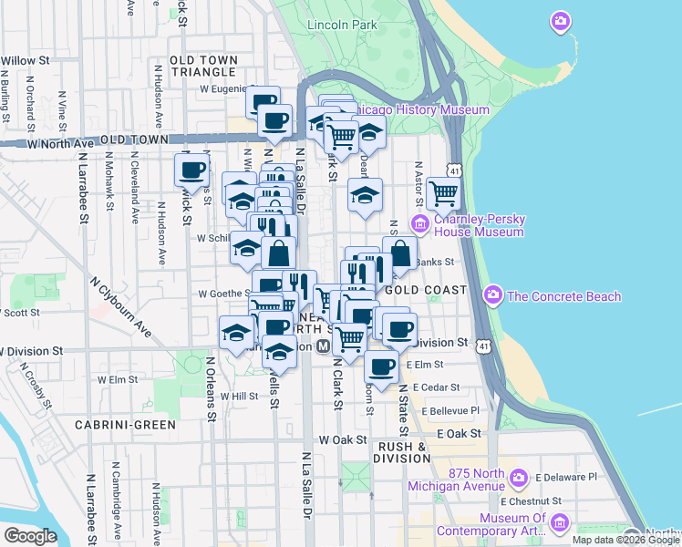 map of restaurants, bars, coffee shops, grocery stores, and more near 1336 North Clark Street in Chicago