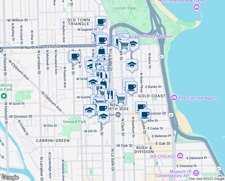 map of restaurants, bars, coffee shops, grocery stores, and more near 1330 North LaSalle Street in Chicago