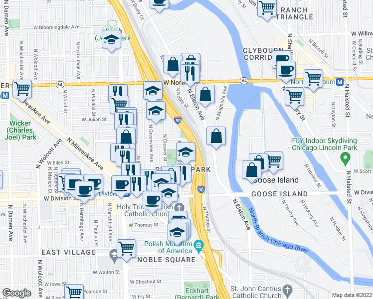 map of restaurants, bars, coffee shops, grocery stores, and more near 1355 West Blackhawk Street in Chicago