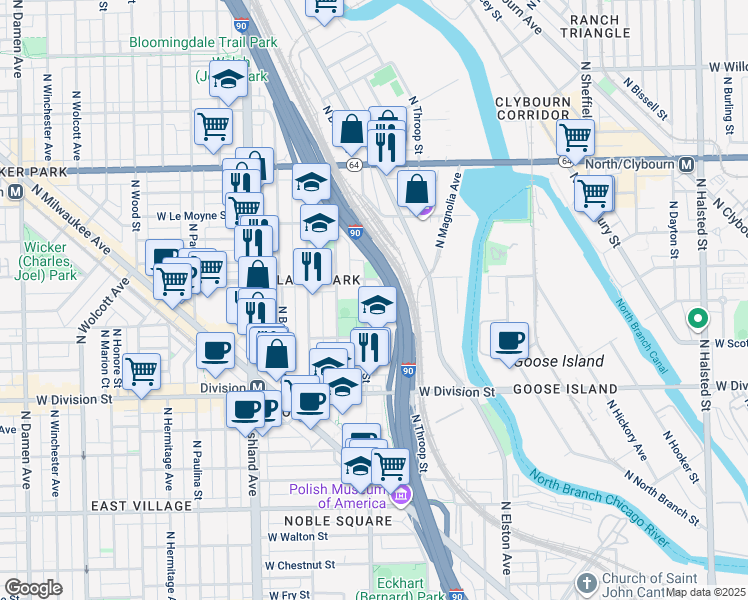 map of restaurants, bars, coffee shops, grocery stores, and more near 1406 West Blackhawk Street in Chicago