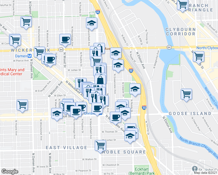 map of restaurants, bars, coffee shops, grocery stores, and more near 1363 North Bosworth Avenue in Chicago