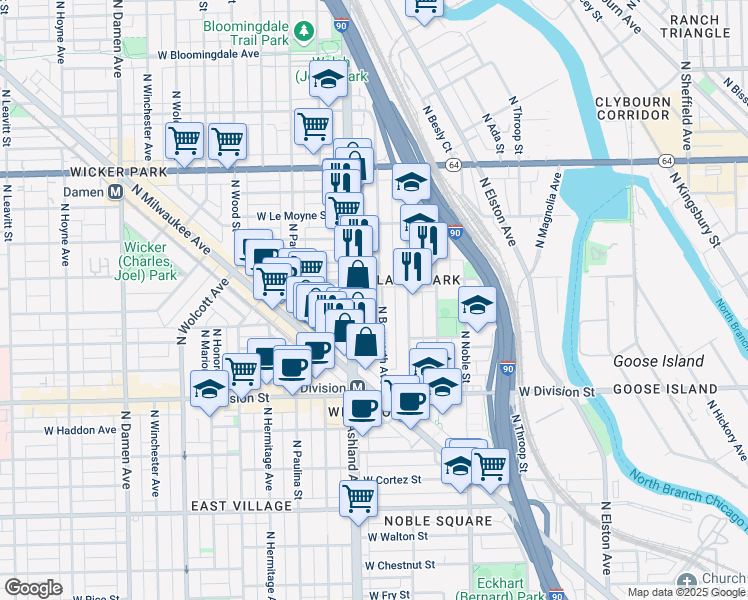 map of restaurants, bars, coffee shops, grocery stores, and more near 1363 North Bosworth Avenue in Chicago