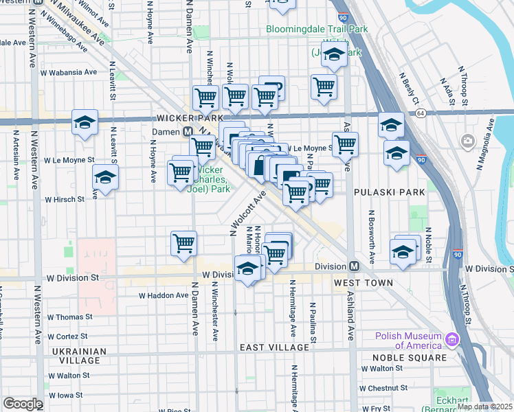 map of restaurants, bars, coffee shops, grocery stores, and more near 1376 North Wolcott Avenue in Chicago