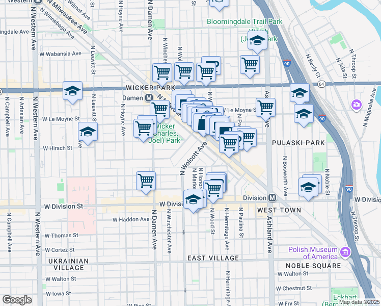 map of restaurants, bars, coffee shops, grocery stores, and more near 1376 North Wolcott Avenue in Chicago