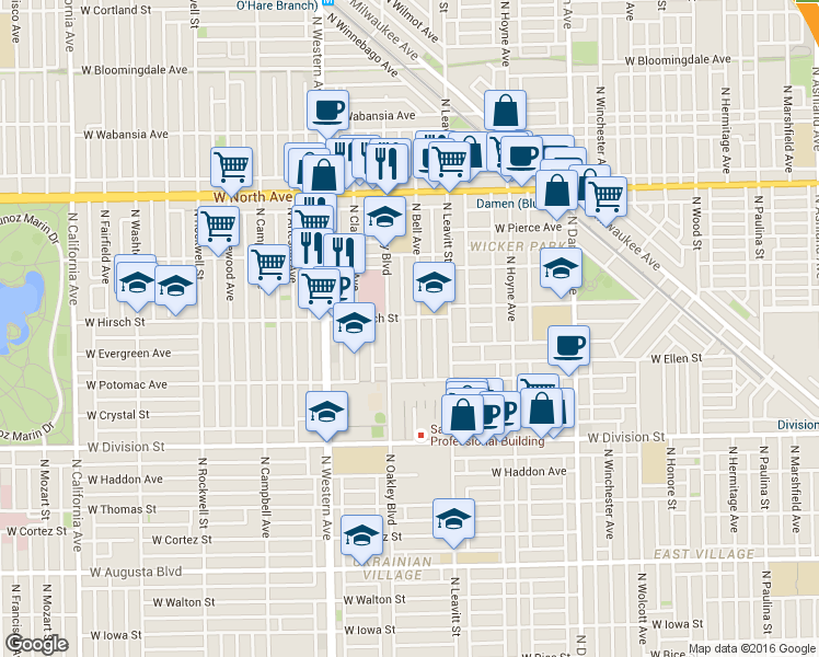 map of restaurants, bars, coffee shops, grocery stores, and more near in Chicago