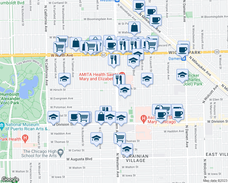 map of restaurants, bars, coffee shops, grocery stores, and more near in Chicago