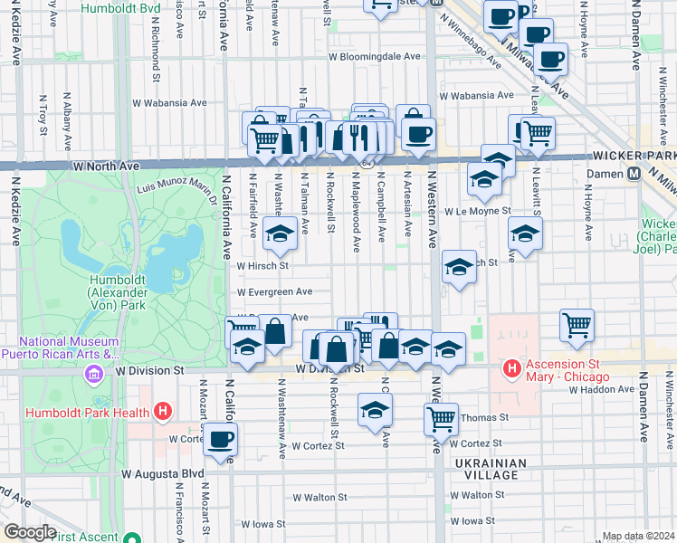 map of restaurants, bars, coffee shops, grocery stores, and more near in Chicago