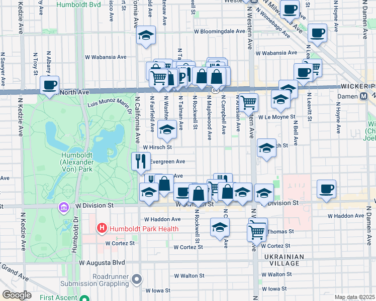 map of restaurants, bars, coffee shops, grocery stores, and more near 2620 West Hirsch Street in Chicago