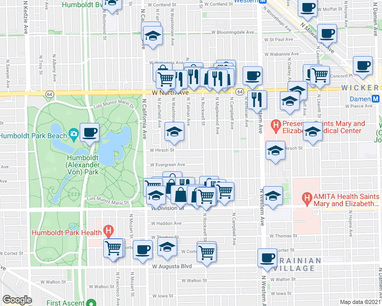 map of restaurants, bars, coffee shops, grocery stores, and more near 2620 West Hirsch Street in Chicago