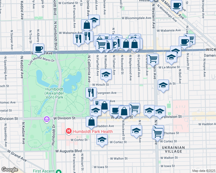 map of restaurants, bars, coffee shops, grocery stores, and more near 1410 North Washtenaw Avenue in Chicago