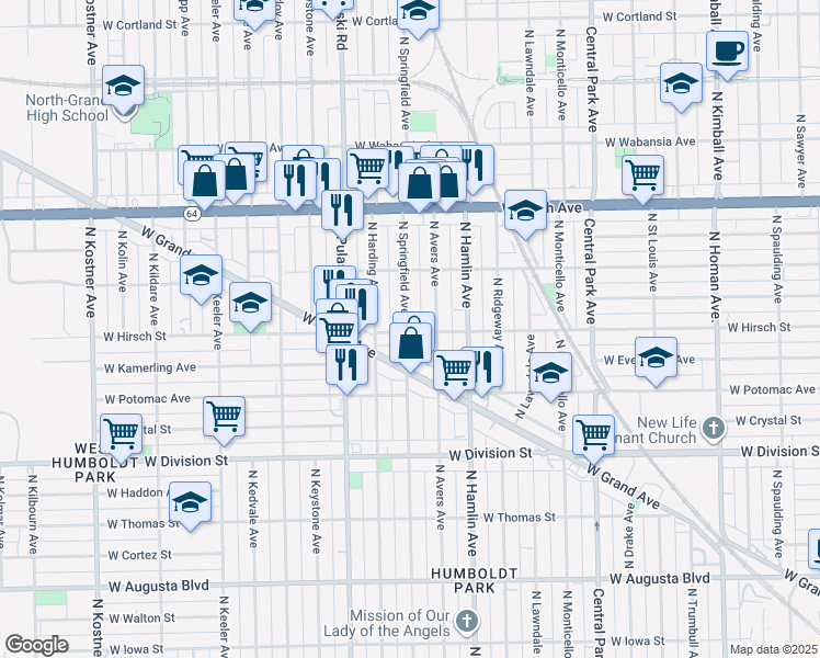map of restaurants, bars, coffee shops, grocery stores, and more near 1420 North Springfield Avenue in Chicago