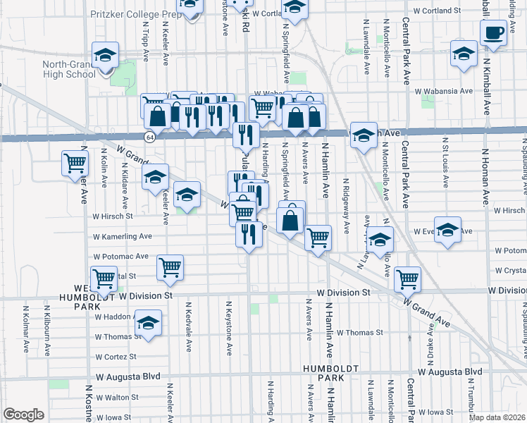 map of restaurants, bars, coffee shops, grocery stores, and more near 1427 North Pulaski Road in Chicago