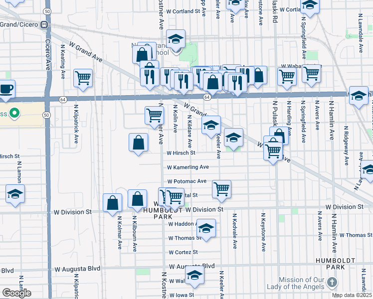 map of restaurants, bars, coffee shops, grocery stores, and more near 1425 North Kildare Avenue in Chicago