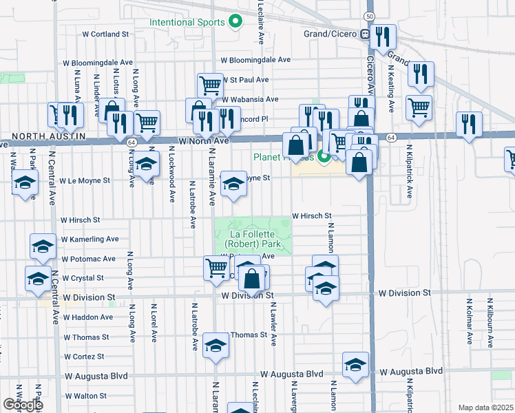 map of restaurants, bars, coffee shops, grocery stores, and more near 1437 North Leclaire Avenue in Chicago