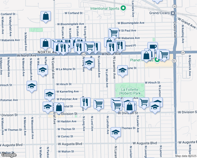 map of restaurants, bars, coffee shops, grocery stores, and more near 1443 North Lorel Avenue in Chicago