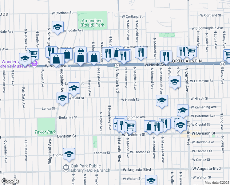 map of restaurants, bars, coffee shops, grocery stores, and more near 1445 North Austin Boulevard in Chicago