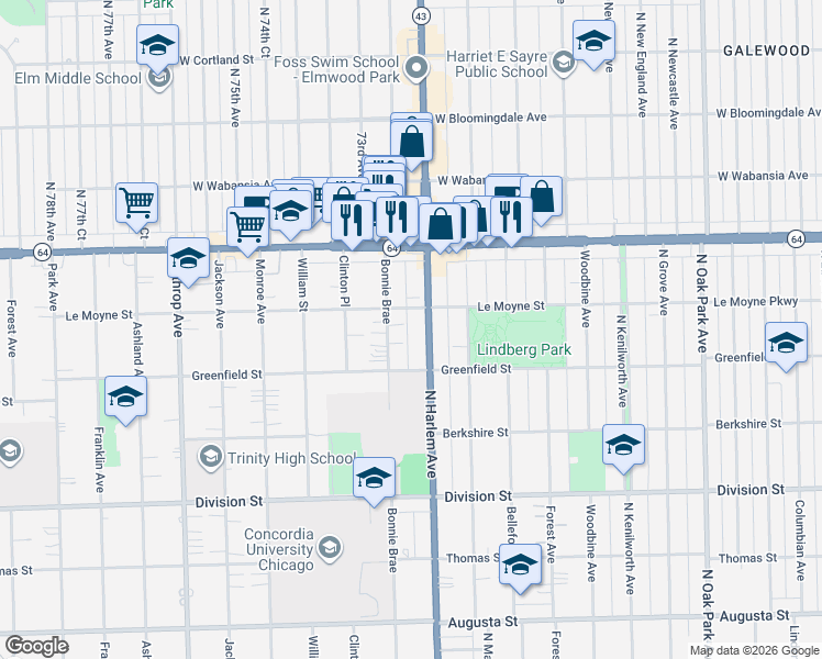 map of restaurants, bars, coffee shops, grocery stores, and more near 1447 Bonnie Brae in River Forest