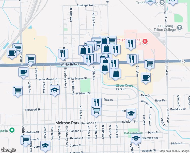 map of restaurants, bars, coffee shops, grocery stores, and more near 1421 Silver Creek Lane in Melrose Park