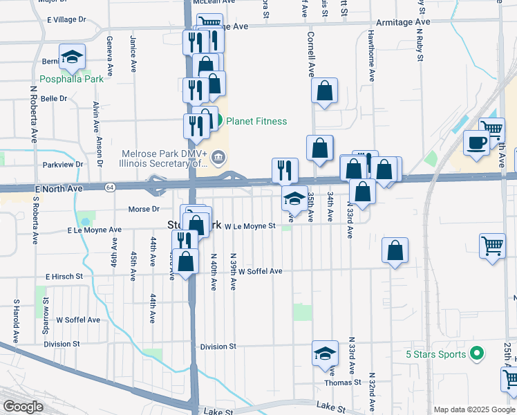 map of restaurants, bars, coffee shops, grocery stores, and more near 3700 West North Avenue in Stone Park