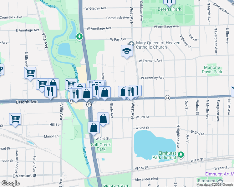 map of restaurants, bars, coffee shops, grocery stores, and more near 319 Shady Lane in Elmhurst