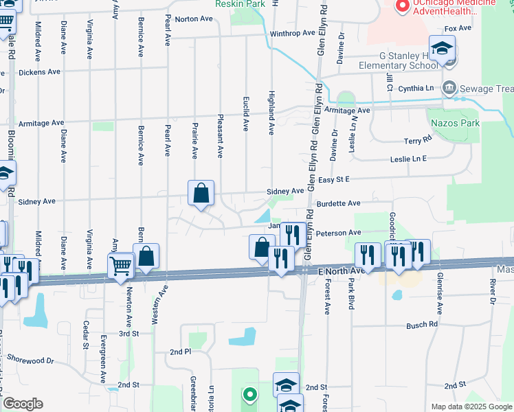 map of restaurants, bars, coffee shops, grocery stores, and more near 501C Sidney Avenue in Glendale Heights