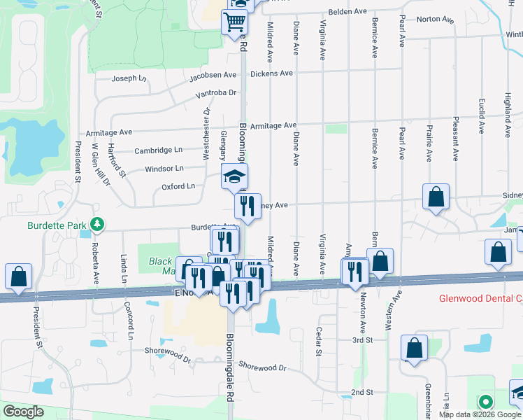 map of restaurants, bars, coffee shops, grocery stores, and more near 2N226 Mildred Avenue in Glen Ellyn