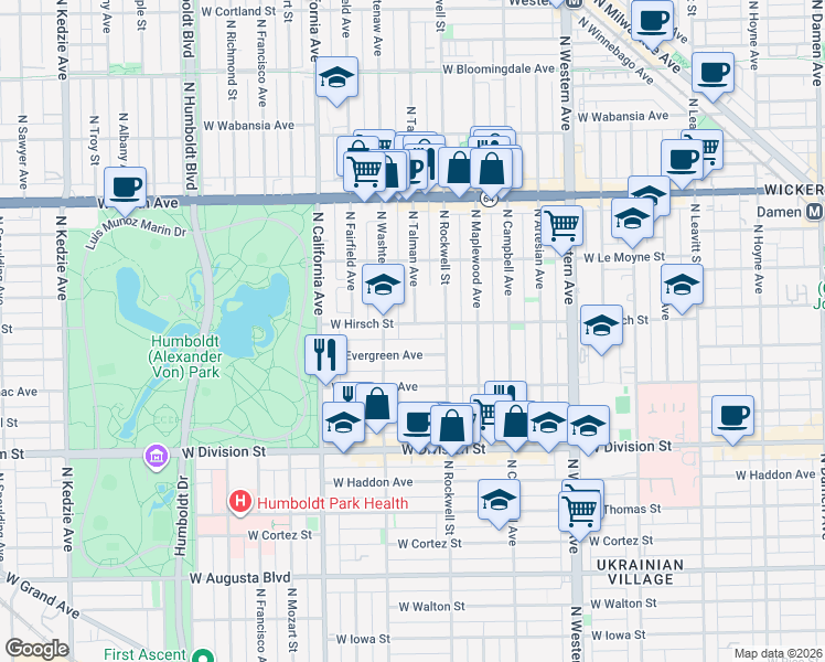 map of restaurants, bars, coffee shops, grocery stores, and more near 2631 West Hirsch Street in Chicago