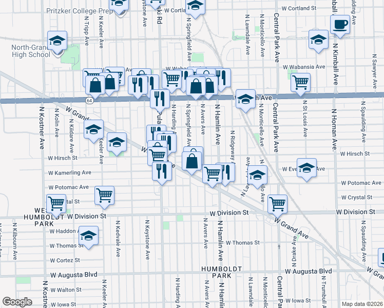 map of restaurants, bars, coffee shops, grocery stores, and more near 1420 North Springfield Avenue in Chicago