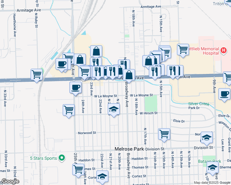 map of restaurants, bars, coffee shops, grocery stores, and more near 1804 North 20th Avenue in Melrose Park