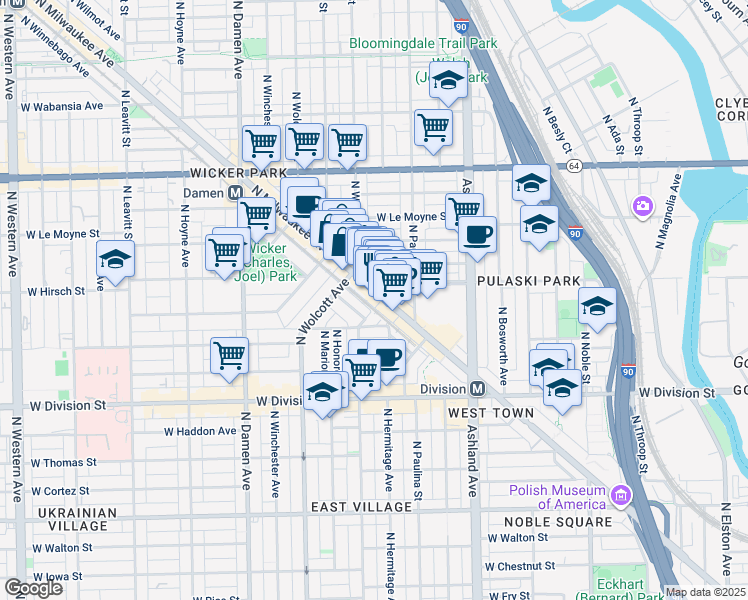 map of restaurants, bars, coffee shops, grocery stores, and more near 1362 Milwaukee Avenue in Chicago
