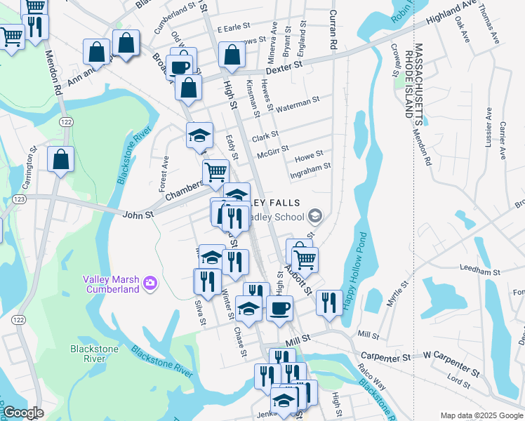 map of restaurants, bars, coffee shops, grocery stores, and more near 250 High Street in Cumberland