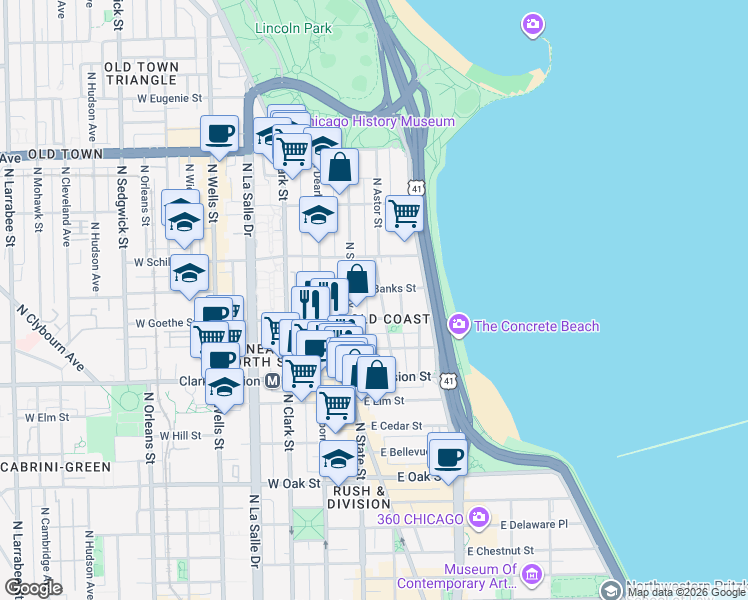 map of restaurants, bars, coffee shops, grocery stores, and more near 1318 North Astor Street in Chicago