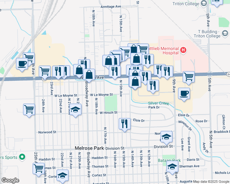 map of restaurants, bars, coffee shops, grocery stores, and more near 1548 W North Ave in Melrose Park