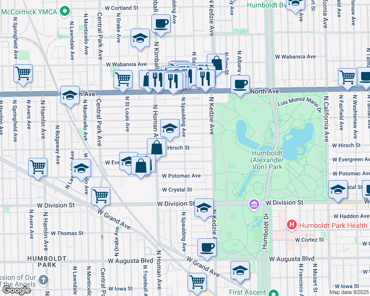 map of restaurants, bars, coffee shops, grocery stores, and more near N Spaulding Ave & W Hirsch St in Chicago
