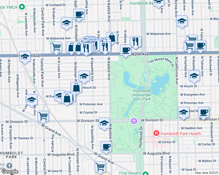 map of restaurants, bars, coffee shops, grocery stores, and more near North Kedzie Avenue & West Hirsch Street in Chicago