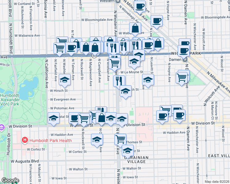 map of restaurants, bars, coffee shops, grocery stores, and more near 1356 North Western Avenue in Chicago