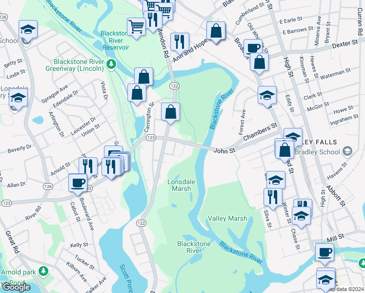 map of restaurants, bars, coffee shops, grocery stores, and more near 125 John Street in Lincoln