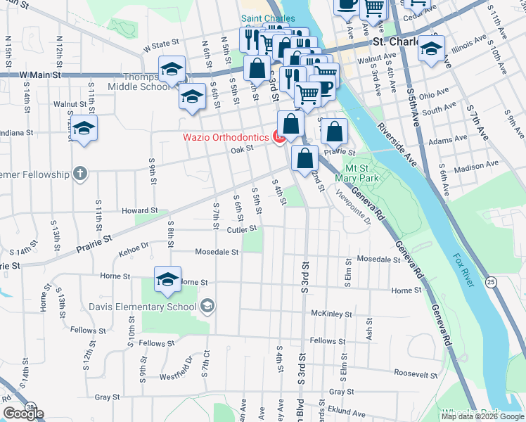 map of restaurants, bars, coffee shops, grocery stores, and more near 712 South 5th Street in St. Charles