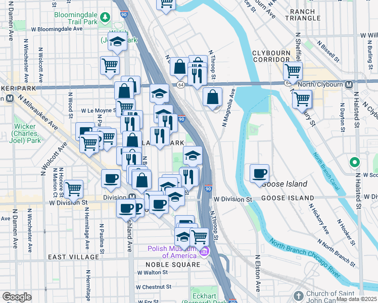 map of restaurants, bars, coffee shops, grocery stores, and more near 1406 West Blackhawk Street in Chicago