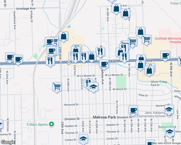 map of restaurants, bars, coffee shops, grocery stores, and more near 1823 North 21st Avenue in Melrose Park