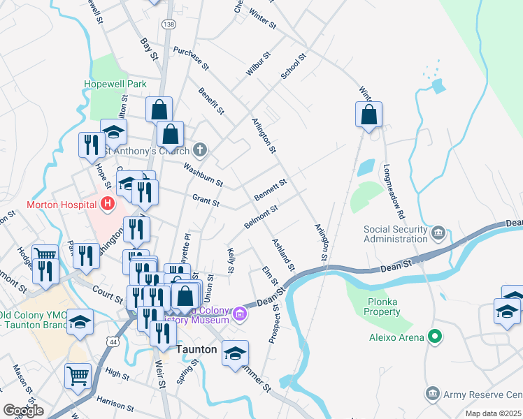map of restaurants, bars, coffee shops, grocery stores, and more near 57 Ashland Street in Taunton