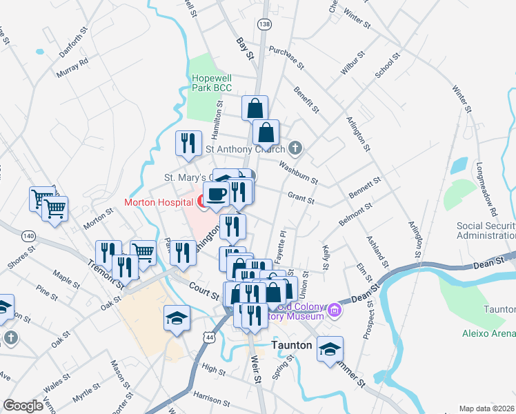map of restaurants, bars, coffee shops, grocery stores, and more near 78 Broadway in Taunton